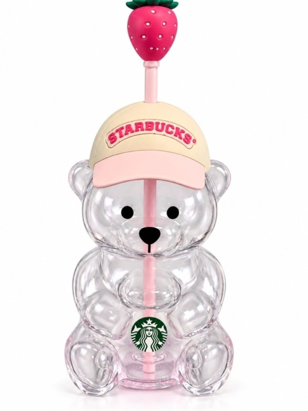Starbucks Clear Bear Tumbler with Cream Pink Cap and Strawberry Topper